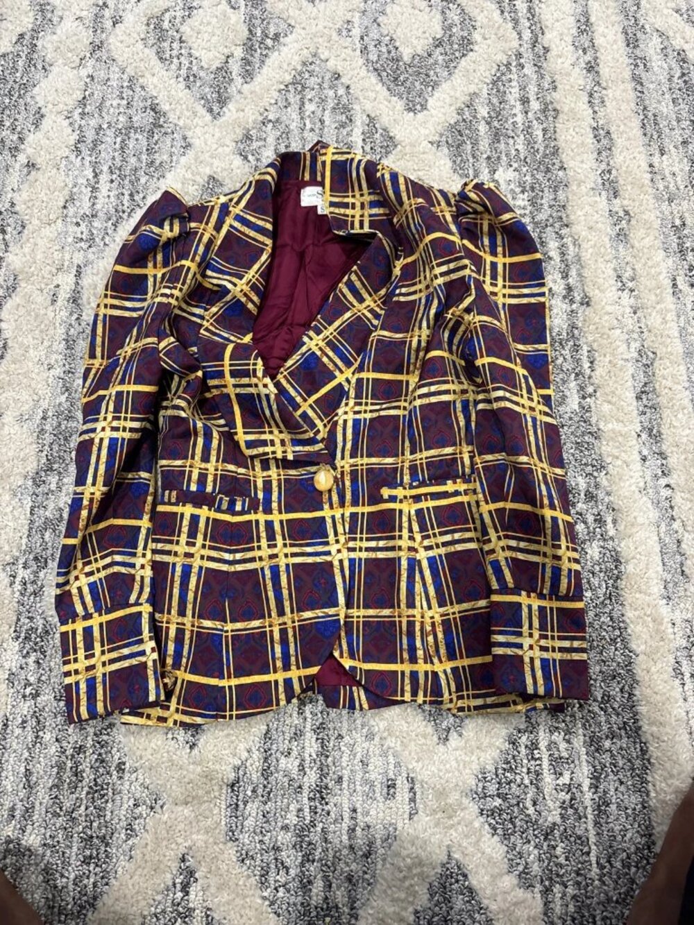 Sassy Jones Plaid Blazer Size S Burgundy Gold Blue